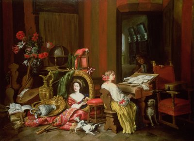 Interieur met een dame aan een klavecimbel door Francesco Fieravino