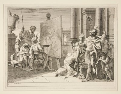 Apelles schildert Campaspe, de minnares van Alexander de Grote, een van een serie van acht prenten (Varii Baccanali et istorie) door Francesco Fontebasso