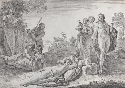 Negen figuren bij een Herm van Pan, uit Bacchanalen en Geschiedenissen, 1744 door Francesco Fontebasso