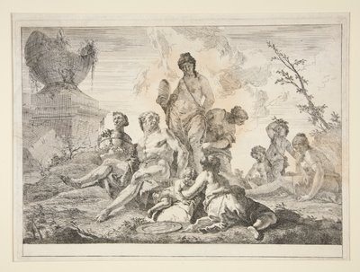 Venus, Vulcanus, drie nimfen en drie cherubijnen in een landschap door Francesco Fontebasso