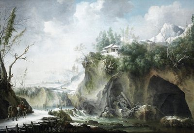 Een rivierlandschap in de winter, met reizigers op een besneeuwd pad door Francesco Foschi