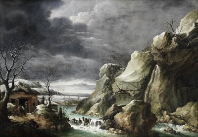 Reizigers naderen een schuur in een winters landschap, onder een stormachtige hemel door Francesco Foschi