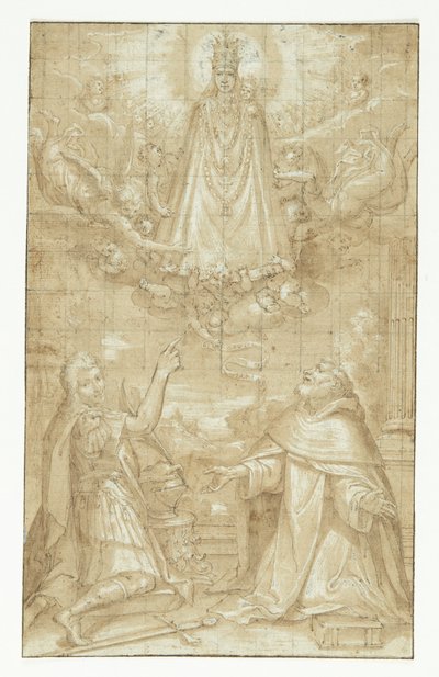 Een gekroonde Madonna met kind, omhangen met een mantel en zware kettingen, verschijnt in de wolken, omringd door engelen en cherubijnen, voor twee knielende heiligen; de een een soldaat die martelaar is, de ander een geestelijke (Hyacintus?). Een engel re door Francesco Francia