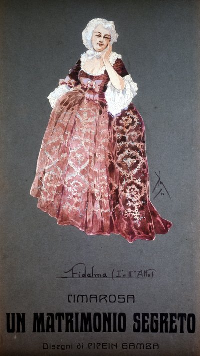 Personage "Fidalma" in "Geheim Huwelijk" (matrimonio Segreto) door Domenico Cimarosa (1749 - 1801). Kostuum van F. Gamba - Scala van Milaan door Francesco Gamba