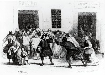 De plundering van de Bakkerij van krukken, episode uit Verloofden, door Alessandro Manzoni, illustratie door Francesco Gonin, editie 1840 door Francesco Gonin
