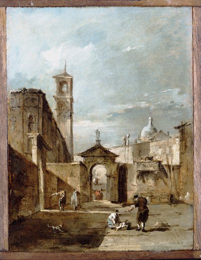 Een Capriccio van een Venetiaans Campo met een Kerk door Francesco Guardi