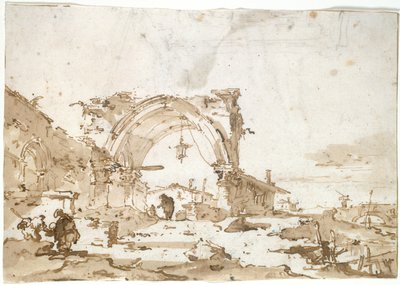 Een Capriccio met een verwoeste gotische boog door Francesco Guardi