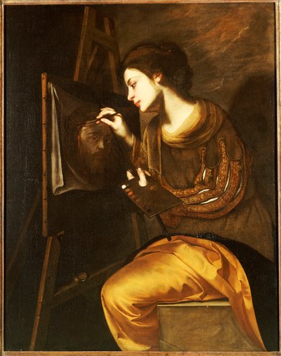 Een vrouwelijke kunstenaar schildert het beeld van de Sudarium door Francesco Guardi