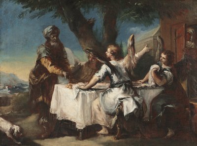 Abraham verwelkomt de drie engelen door Francesco Guardi