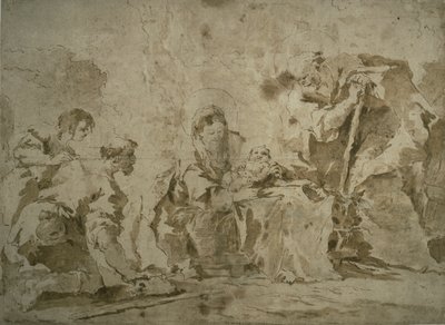 Aanbidding van de herders (recto); Drie schetsen: Gebouwen aan kanaal met boten, Landschap met gebouwen op heuvel, Gebouwen met portiek (verso) door Francesco Guardi