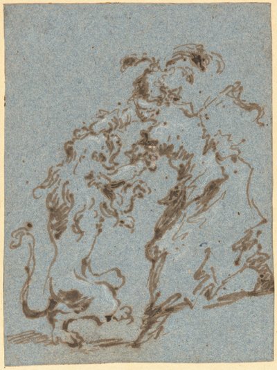 Een Elegant Geklede Vrouw Worstelt met een Leeuw door Francesco Guardi
