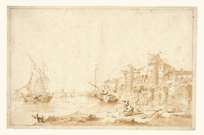 Een denkbeeldig uitzicht op een Venetiaanse lagune, met een fort aan de kust door Francesco Guardi