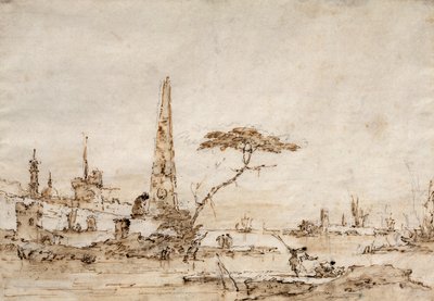 Capriccio naast een Venetiaanse Lagune met een Obelisk en Leeuw buiten de Muren van een Versterkte Stad door Francesco Guardi