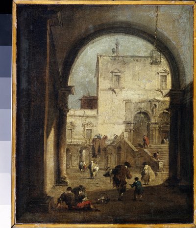 Venetiaans Capriccio: uitzicht op een plein en een paleis door Francesco Guardi