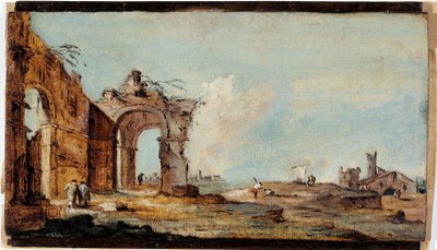 Caprice, met vervallen boog en vissershuizen door Francesco Guardi