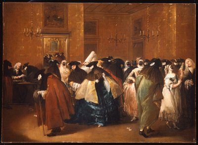 Heren en dames in carnavalskostuum in het Ridotto, Venetië door Francesco Guardi