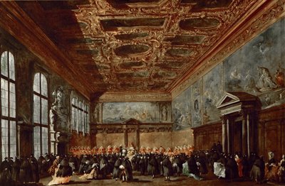 De Doge van Venetië Geeft Audiëntie in de Sala del Collegio in het Dogepaleis door Francesco Guardi