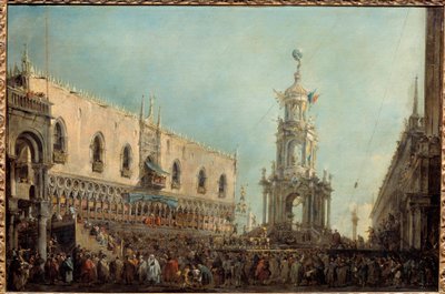 De Doge van Venetië woont de Gras Donderdag vieringen bij op Piazzetta di San Marco door Francesco Guardi