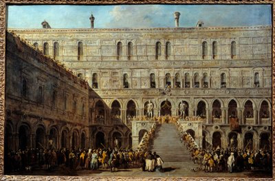 De kroning van de Doge van Venetië op de trap van de Reuzen in het Dogepaleis door Francesco Guardi