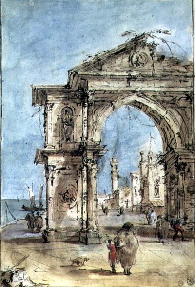 Triomfboog aan de oever door Francesco Guardi