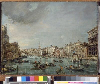 Uitzicht op het Grote Kanaal richting Rialto met Palazzo Grimani en Palazzo Manin door Francesco Guardi