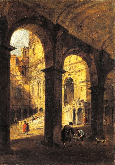 Uitzicht op de binnenplaats van het Palazzo Ducale en de Reuzentrap (Scala dei Giganti), in Venetië, ca. 1780, door Francesco Guardi (1712-1793), olieverf op doek, 26x39 cm door Francesco Guardi