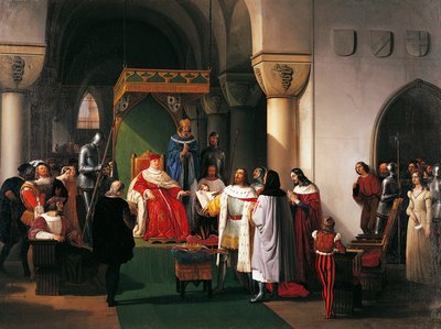 Filippo Maria Visconti, Hertog van Milaan geeft kroon terug aan Koningen van Aragon en Navarra, gevangen genomen door Genuezen door Francesco Hayez