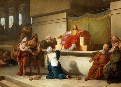 Het oordeel van Salomo, olieverf, 54,4 x 75 cm door Francesco Hayez