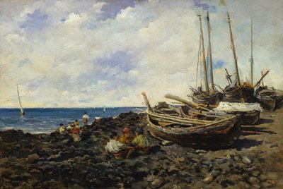 Vissers met boten aan de kust door Francesco Lojacono