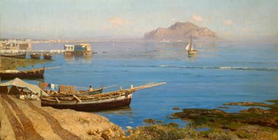Marina met boot en vissers door Francesco Lojacono