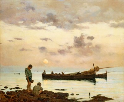 Marina met vissersboot en jongens, door Francesco Lojacono, olieverf op doek door Francesco Lojacono