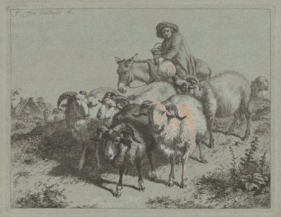 Jongen op een ezel die een kudde drijft door Francesco Londonio