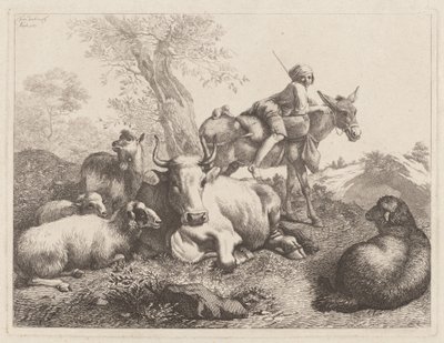 Jongen op een ezel die een groep dieren bewaakt door Francesco Londonio
