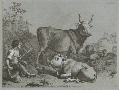 Herdersjongen met twee runderen en drie schapen door Francesco Londonio