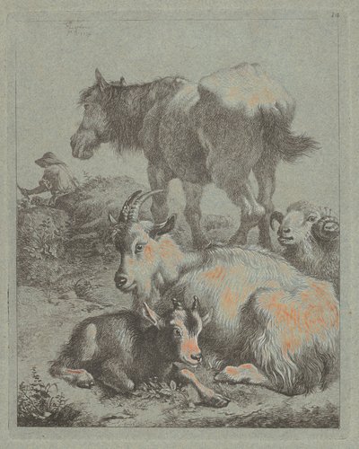 Paard, Ram, Geit met Jong; In de verte een Herder met Kudde door Francesco Londonio