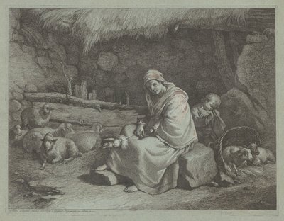 Interieur van een stal met een zittende spinster en slapend kind door Francesco Londonio