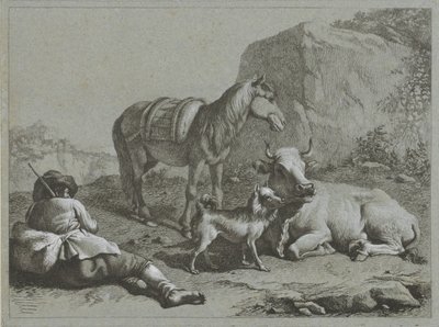 Liggende herder met paard, koe en hond door Francesco Londonio