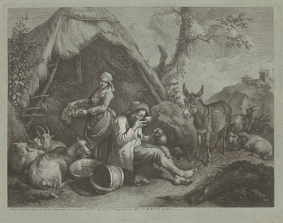 Zittende Oude Man en Vrouw met een Mandje Eieren door Francesco Londonio