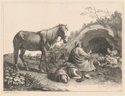 Zittende herder met paard, hond, geiten en schapen door Francesco Londonio