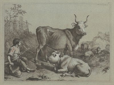 Zittende Herder met een Stier en Kalf door Francesco Londonio
