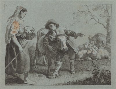 Herder wijst de richting aan een herderin door Francesco Londonio