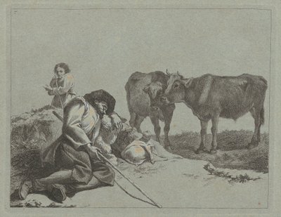 Slapende herder, twee kalveren en een boerin door Francesco Londonio