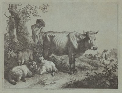Staande Koe en een Herderjongen met Kudde, 1760s door Francesco Londonio