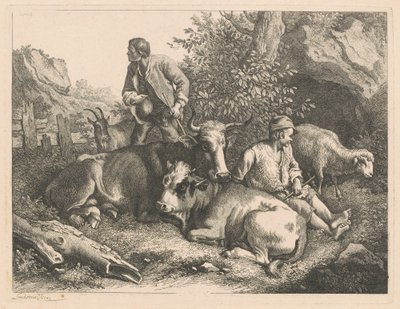 Twee herders met een koe en kalf, na 1776 door Francesco Londonio