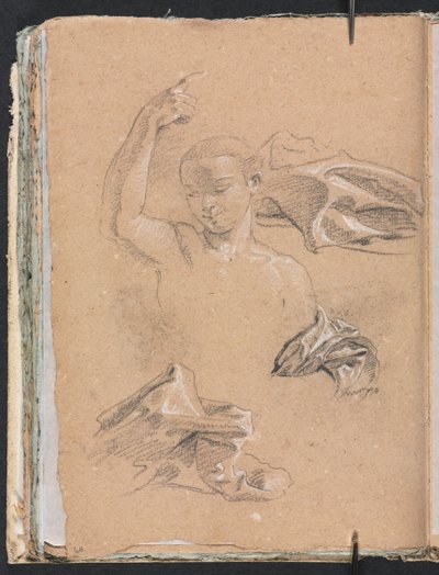 Verona Schetsboek: Figuur met opgeheven rechterarm en draperiestudies pagina 68, 1760 door Francesco Lorenzi