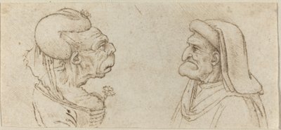 Twee Groteske Hoofden door Francesco Melzi after Leonardo da Vinci
