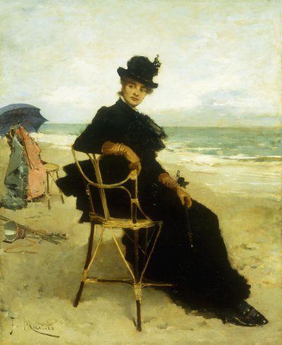 Een dame zittend op een veranda door Francesco Miralles Galaup