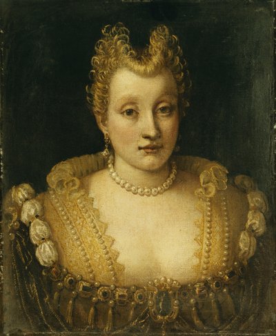 Portret van een Dame, Verondersteld van de Contarini Familie, Bustelengte, Met een Uitbundige Jurk met Juwelen en een Parelketting en Oorbellen door Francesco Montemezzano