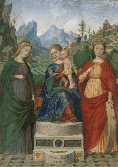 Maagd en Kind op de troon tussen de heiligen Cecilia en Catharina van Alexandrië door Francesco Morone