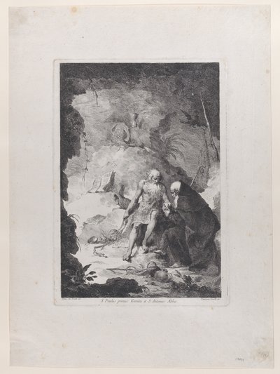 Sint Paulus de kluizenaar en Sint Antonius Abt in gesprek in een landschap, ca. 1784-1836 door Francesco Novelli